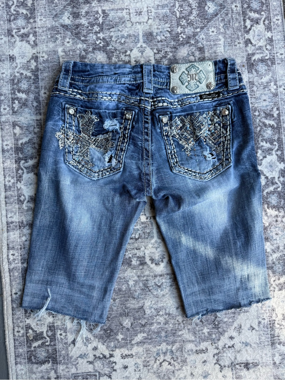Miss Me Blue Distressed Boyfriend Denim Shorts with Embellished Pockets - Picture 2 of 3